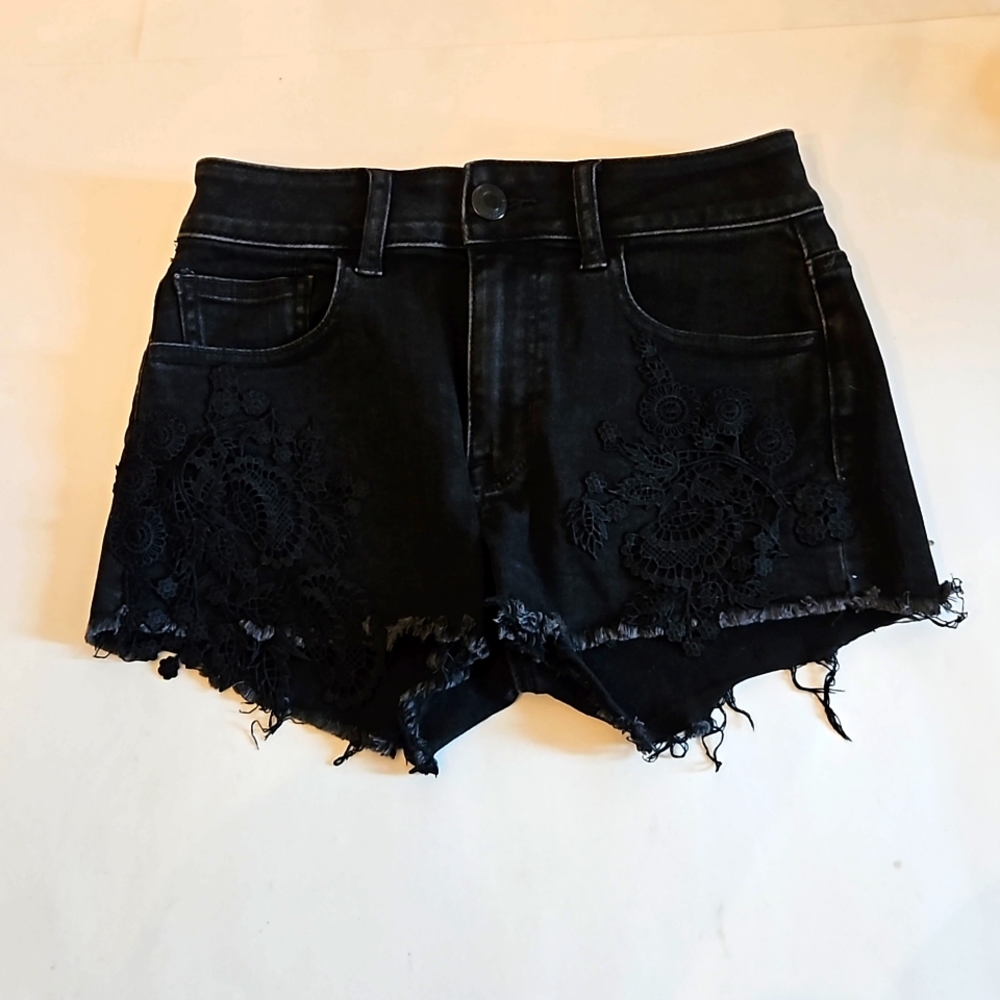 American Eagle, high-rise, lace, jean shorts. Size 0
